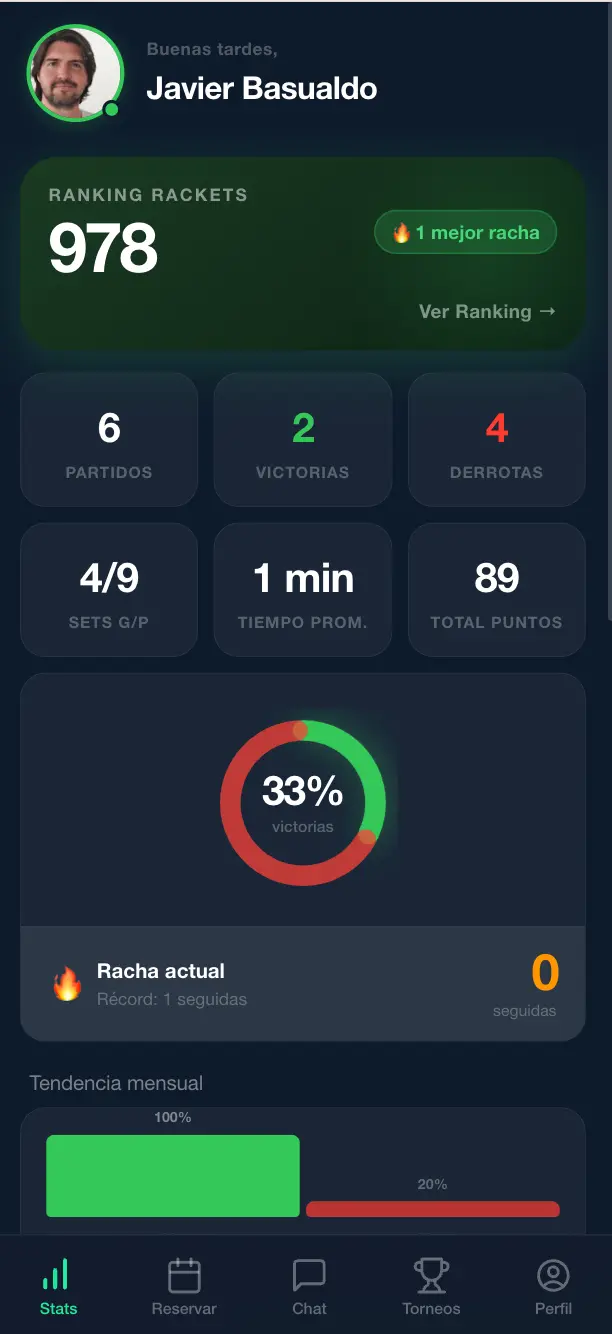 App móvil del jugador con estadísticas, ranking y reservas